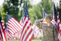 American Soldier saluting in front of American Flags