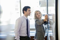 Businesswoman writing on a whiteboard while businessman observes