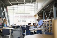 Students and librarian in school library