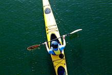 Directly Above View Of Man Canoeing In Canal