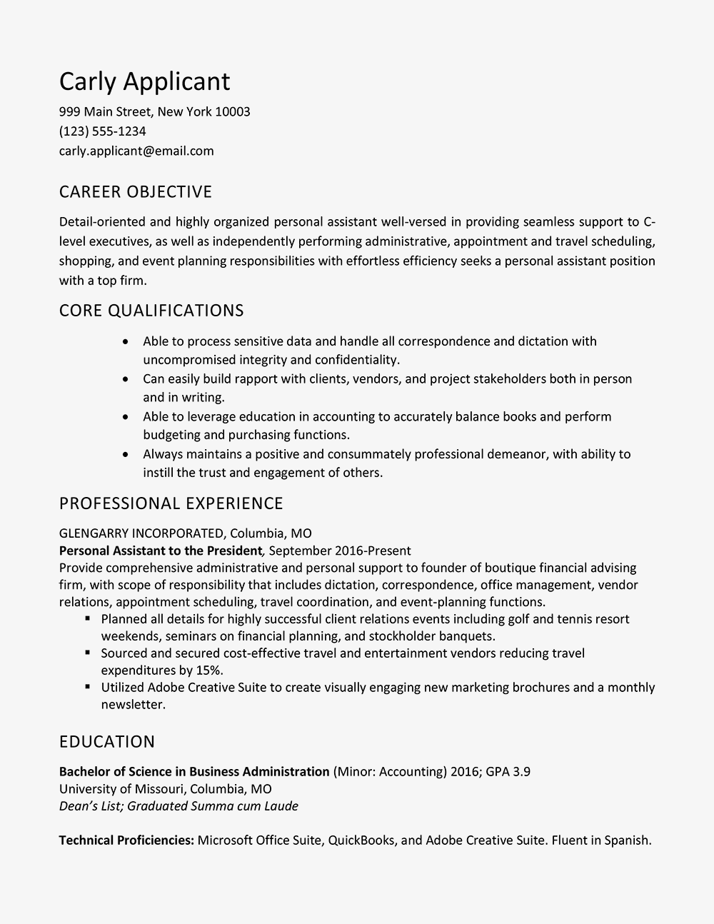 Screenshot of a personal assistant resume sample