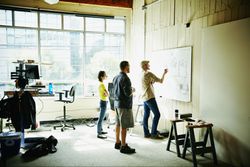 Project team brainstorming at a whiteboard