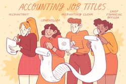 Image shows a group of people all working on writing/typing/inspecting. Text reads: "Accounting job titles: accountant, controller, accounting clerk, chief financial officer"