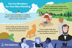 This illustration shows fun ice breakers for your next meeting including "If you could only choose on vacation destination, where would you pack and why?", "If you were stranded on a desert island, what three items would you want to have with you?", "If you work up tomorrow as an animal, what animal would you choose to be and why?", and "If you could meet any historical figure, who would you choose and why?"