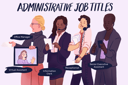 This illustration shows various administrative job titles including "Office Manager," "Virtual Assistant," "Information Clerk," "Receptionist," and "Senior Executive Assistant."